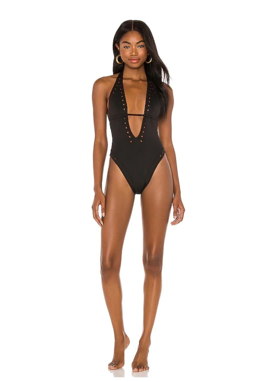 GIGI C Carrie One Piece Swimsuit Black Laser Cut Halter Open Back Womens L $175